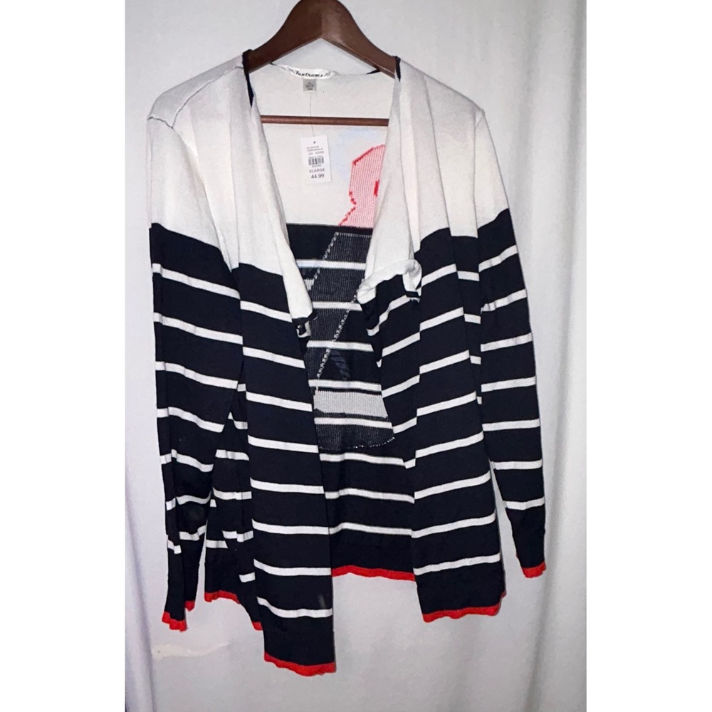 Tantrums Nautical Anchor Cardigan Sweater Women's XL Striped Open‎ Front Knit
